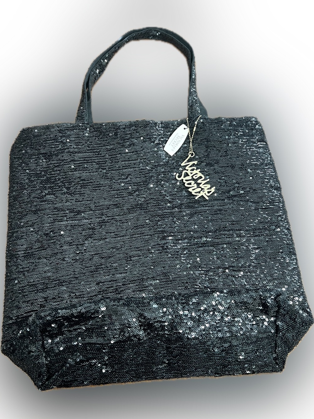 Victoria’s Secret Black Sequin Tote Bag NWT Glam Sparkle Shopper w/ Charm